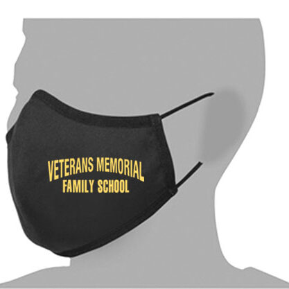 A person wearing a black face mask with the words veterans memorial family school on it.